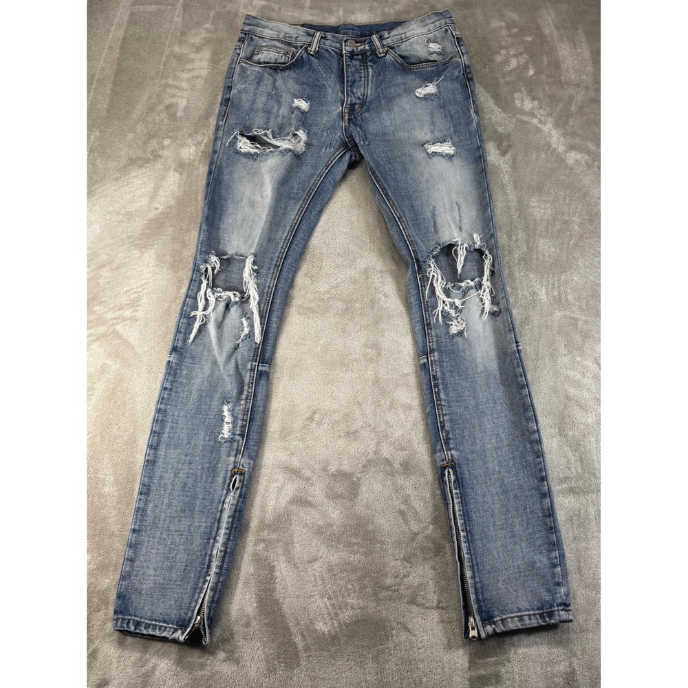 MNML‎ Distressed Ankle Zip Jeans Mens 32x34 Blue Ripped Streetwear button fly
